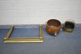 A COPPER LOG BOX, with twin brass handles, and three brass foliate and claw legs, diameter 48cm x