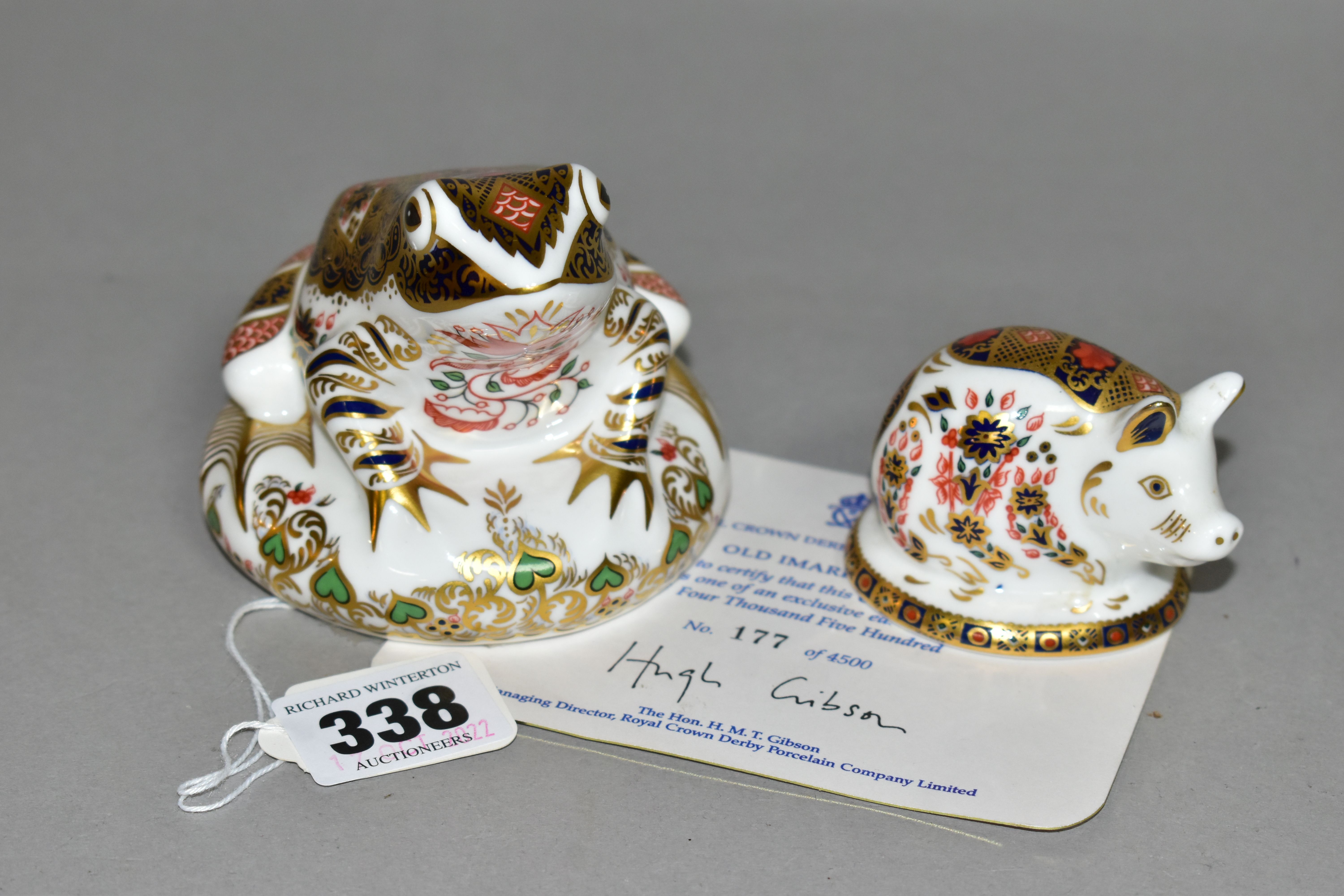 TWO ROYAL CROWN DERBY PAPERWEIGHTS, comprising a limited edition Old Imari Frog, no. 177/4500,