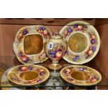 FIVE PIECES OF AYNSLEY FRUIT PATTERN CHINA, bearing D. Jones signatures, comprising a twin handled