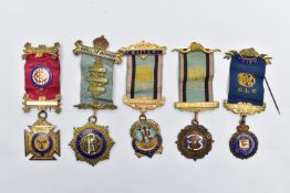 FIVE ASSORTED SILVER MASONIC MEDALS, to include three silver medals, hallmarked 'F C Parry & Co'