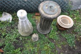 A BRASS SUNDIAL ON A COMPOSITE COLUMN, a composite base, four graduated brown glazed plant pots