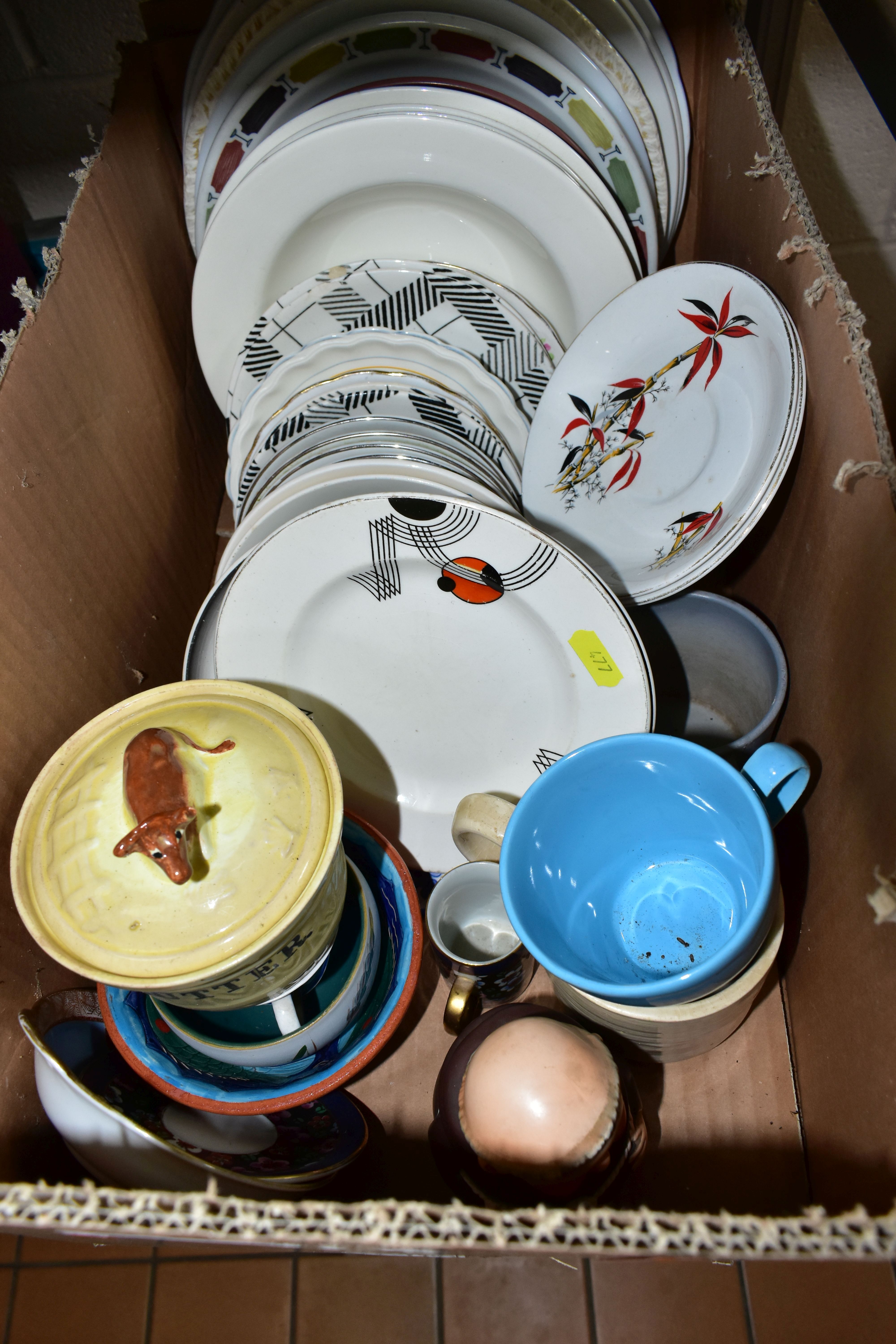 FOUR BOXES OF CERAMICS AND GLASSWARE, to include a quantity of clear pressed glass dishes, vases and - Image 4 of 5