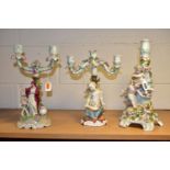 THREE LATE 19TH CENTURY CONTINENTAL PORCELAIN CANDELABRUM IN NEED OF RESTORATION, comprising a