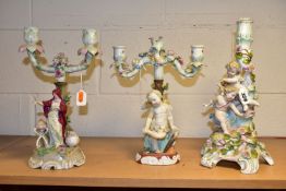 THREE LATE 19TH CENTURY CONTINENTAL PORCELAIN CANDELABRUM IN NEED OF RESTORATION, comprising a
