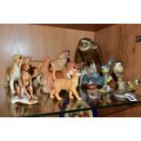 A GROUP OF DOG, CAT AND BIRD FIGURES, to include Royal Worcester: Coal Tits 3376, Blue Tits 3375,