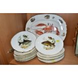 TWELVE PIECES OF AYNSLEY BONE CHINA PRINTED WITH FISH AND SHELLFISH DESIGNS, comprising an oval