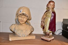 TWO CHALKWARE FIGURES, comprising a bust of a girl in a headscarf, marked with mould number '