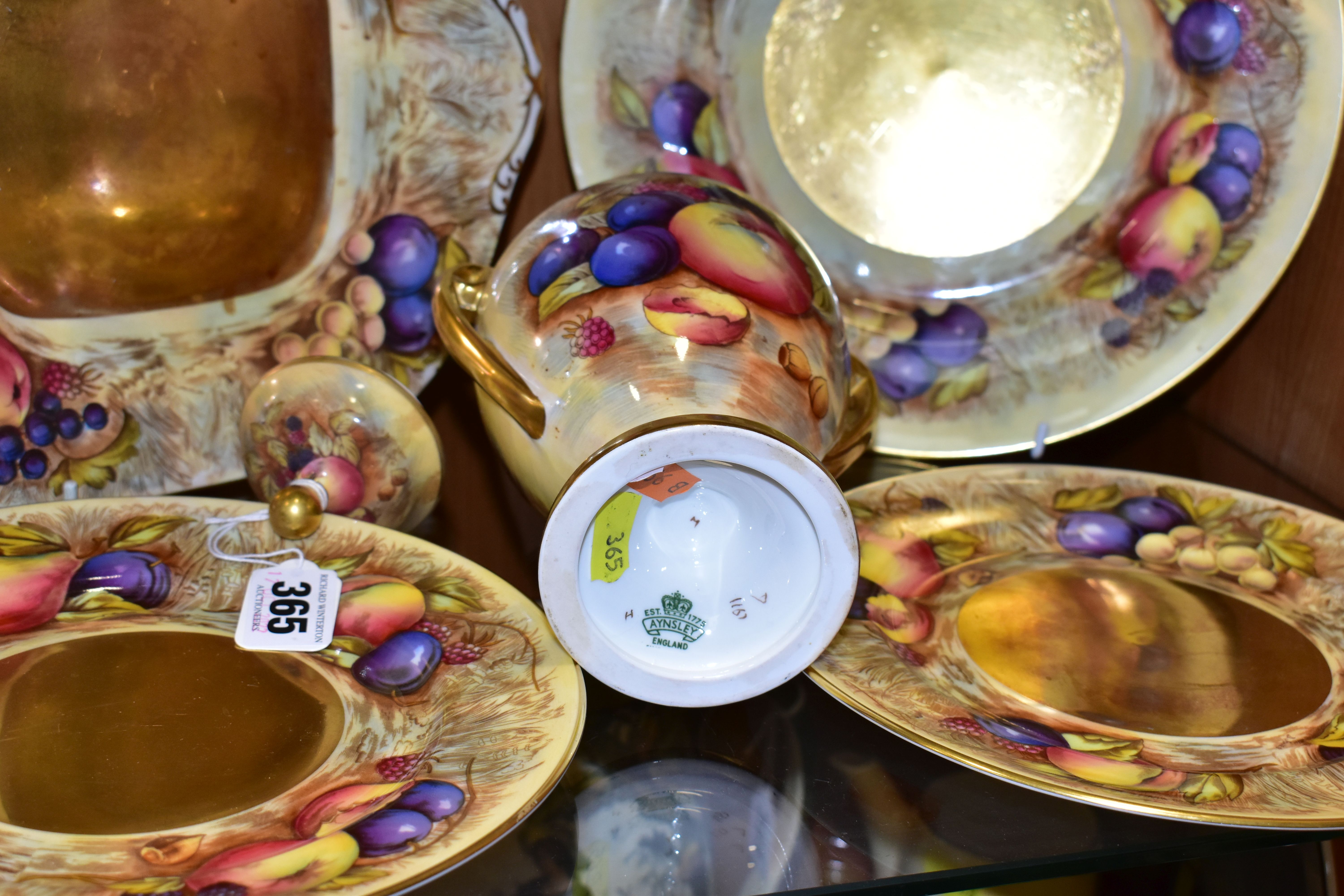 FIVE PIECES OF AYNSLEY FRUIT PATTERN CHINA, bearing D. Jones signatures, comprising a twin handled - Image 6 of 8