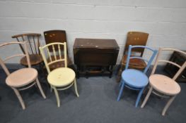 AN OAK BARLEY TWIST GATE LEG TABLE, a pair of oak dining chairs with drop in seat pads, four painted