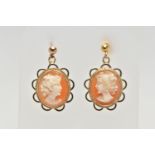 A PAIR OF 9CT GOLD CAMEO DROP EARRINGS, each shell cameo of an oval form depicting a lady in