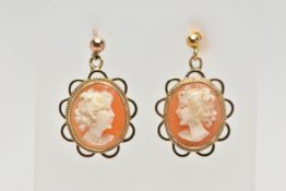 A PAIR OF 9CT GOLD CAMEO DROP EARRINGS, each shell cameo of an oval form depicting a lady in