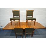 A MID CENTURY TEAK EXTENDING DINING TABLE, on tapering legs, open length 228cm x closed length 181cm