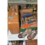 One Box and Loose comprising a vintage Antler suitcase, one pair of vintage leather football