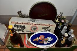 A BOX OF BREWERYANIA, including a 'Worthington' sanenwood tray, a Cherry Heering printed metal