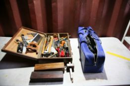 A CARPENTERS TOOLBOX AND TOOL BAG containing a quantity of G clamps, A quantity of Yankee