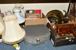 THREE BOXES AND LOOSE METAL WARES, BOOKS, RECORDS, LAMPS AND SUNDRY ITEMS, to include a copper