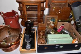 A BOX AND LOOSE METALWARES, TELESCOPE, TREEN, SEWING MACHINE AND SUNDRY ITEMS, to include a homemade