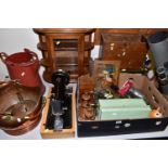 A BOX AND LOOSE METALWARES, TELESCOPE, TREEN, SEWING MACHINE AND SUNDRY ITEMS, to include a homemade