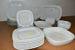 A GROUP OF WHITE SQUARES BY DENBY DINNER WARES, comprising a large platter, length 40cm x width