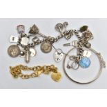A SILVER CHARM BRACELET AND OTHER JEWELLERY, a silver curb link bracelet, fitted with a heart