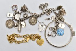 A SILVER CHARM BRACELET AND OTHER JEWELLERY, a silver curb link bracelet, fitted with a heart