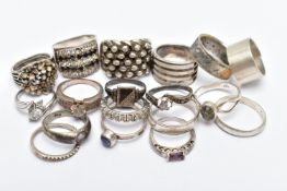 A SELECTION OF WHITE METAL RINGS, to include a Pandora enamel and split pearl floral dress ring, a