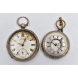 TWO SILVER POCKET WATCHES, the first an open face pocket watch, key wound movement, dial signed 'A.