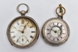 TWO SILVER POCKET WATCHES, the first an open face pocket watch, key wound movement, dial signed 'A.