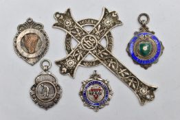 AN ASSORTMENT OF SILVER MEDALS AND WHITE METAL ITEMS, to include three silver sporting medals, two