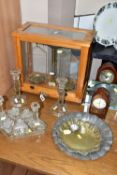 A SET OF BALANCE SCALES, CLOCKS AND MISCELLANEOUS ITEMS, comprising a glass cased set of Philip