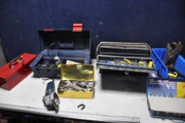 A SELECTION OF TOOLS to include two metal toolboxes containing various tools, spanners, calipers,