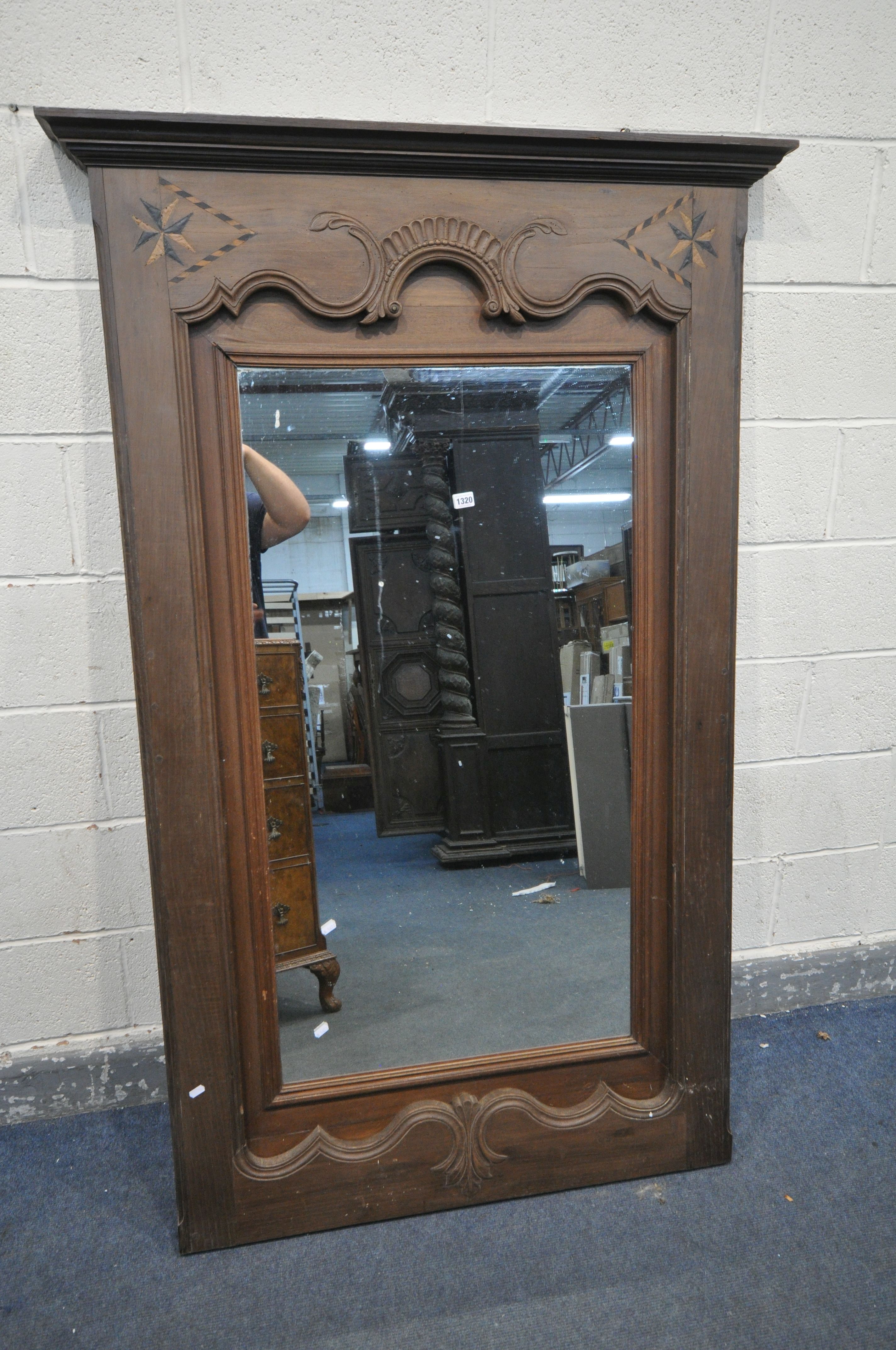 A 19TH CENTURY WALNUT FRENCH WALL MIRROR, 111cm x 176cm (condition:-some veneer lifting and