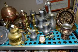A GROUP OF METALWARES, to include a copper samovar and coffee pot, pewter covered jugs with acorn