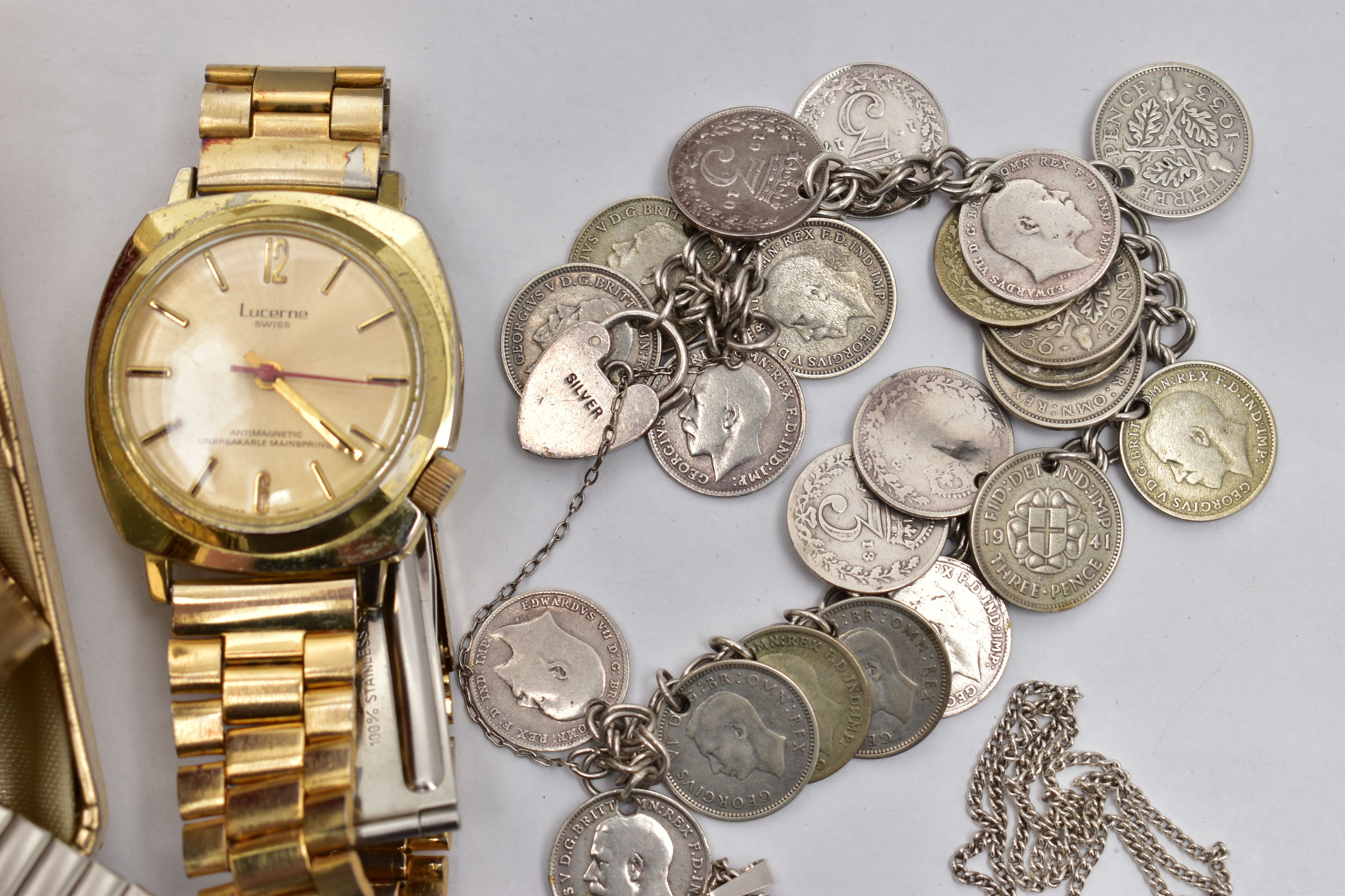 A SELECTION OF STAINLESS STEEL WATCHES, JEWELLERY AND A CHARM BRACELET, the watches with names to - Image 2 of 4