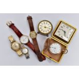 AN ASSORTMENT OF WRISTWATCHES, POCKET WATCH AND ALARM CLOCKS, wristwatches with names to include '