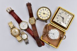 AN ASSORTMENT OF WRISTWATCHES, POCKET WATCH AND ALARM CLOCKS, wristwatches with names to include '