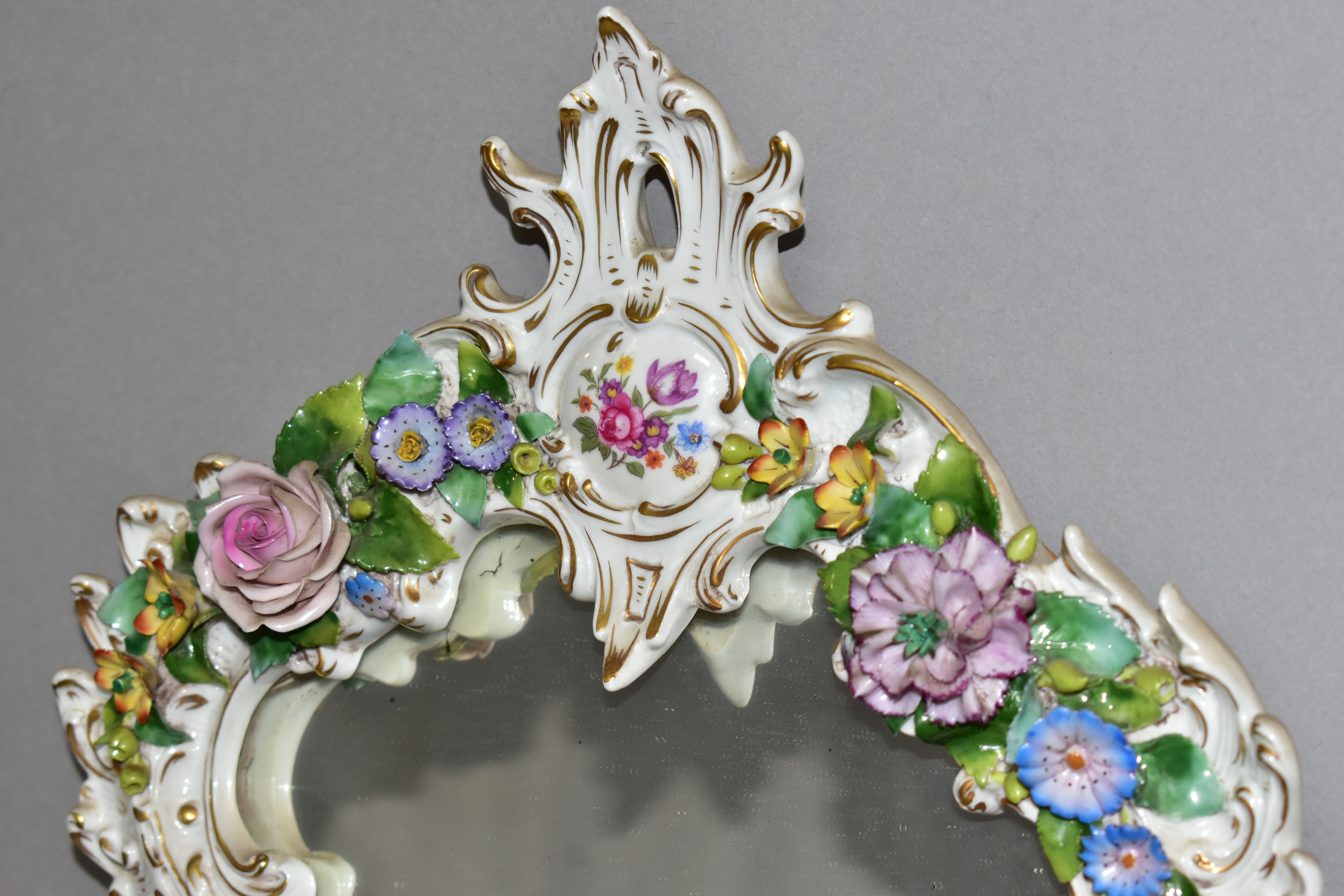 A MID 20TH CENTURY CAPODIMONTE FLORAL ENCRUSTED PORCELAIN FRAMED MIRROR, Rococo style frame, the - Image 10 of 15