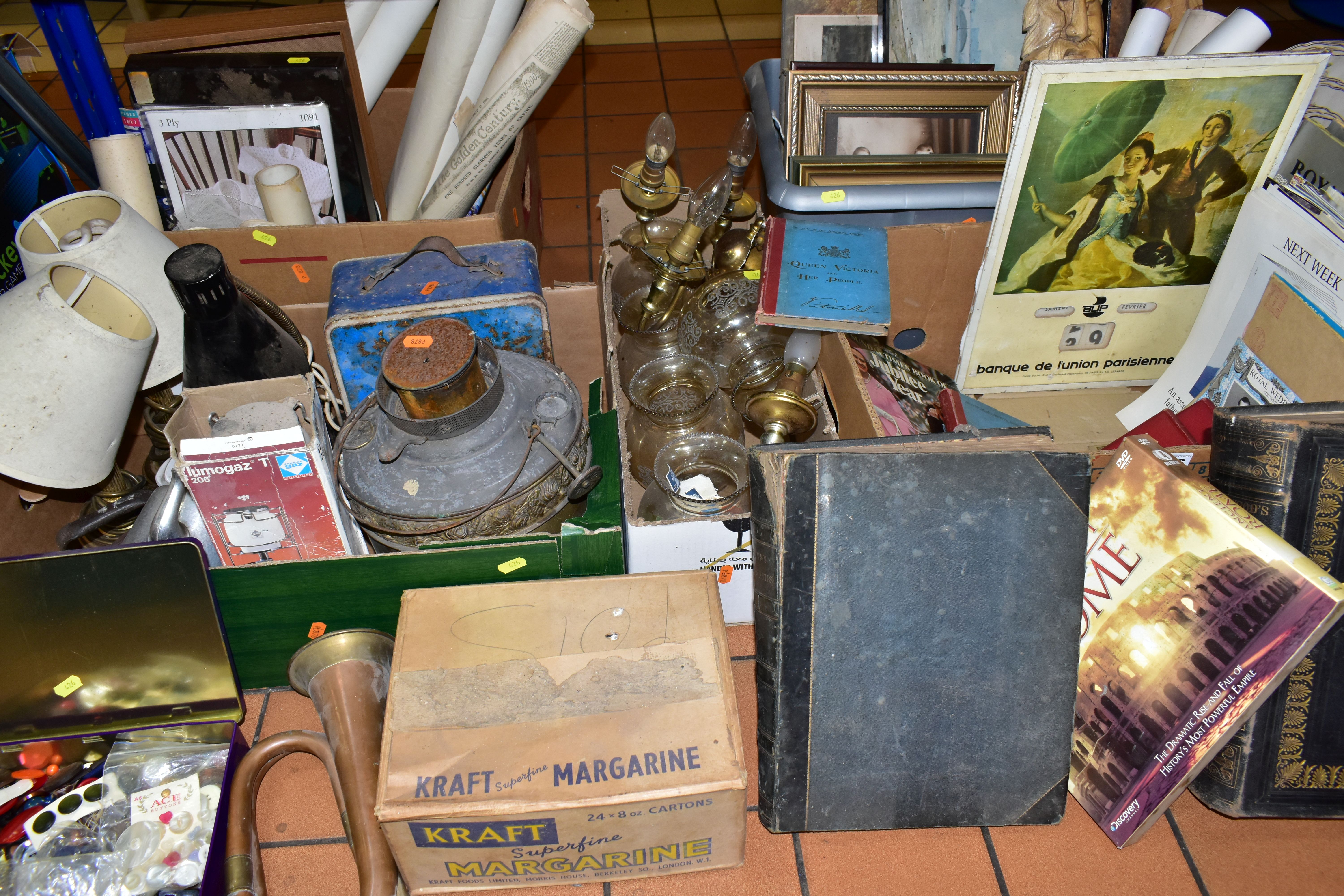 FIVE BOXES OF BOOKS, PICTURES AND LAMPS, to include a set of brass wall lights with glass shades,