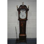 A REGENCY MAHOGANY EIGHT DAY LONGCASE CLOCK, the hood with three finials of a bird with open