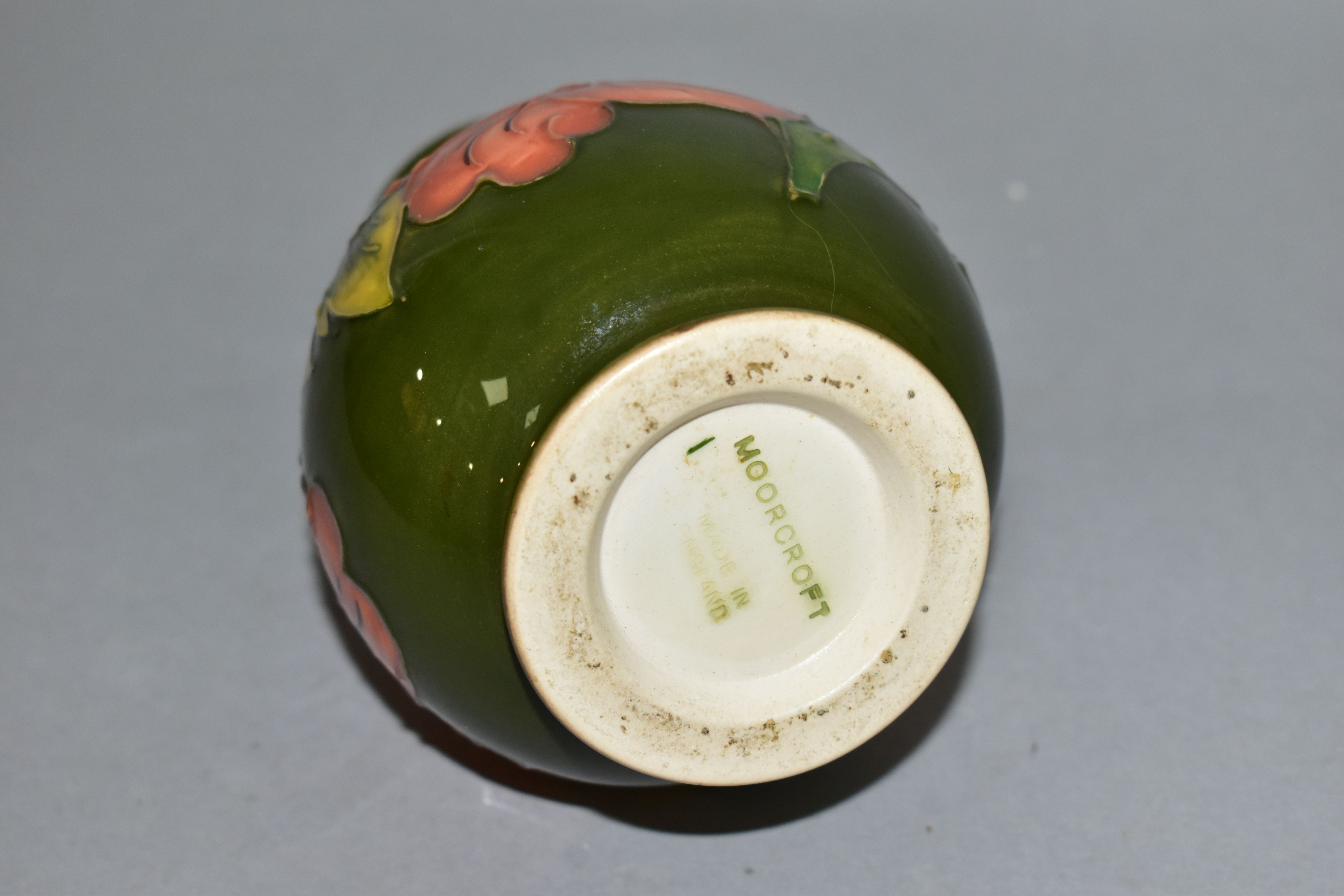 A MOORCROFT POTTERY BALUSTER VASE DECORATED WITH CORAL HIBISCUS ON A GREEN GROUND, impressed marks - Image 5 of 5