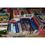 BOOKS & CD AUDIO BOOKS, five boxes containing approximately 135 book and DVD titles in hardback