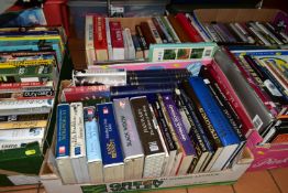 BOOKS & CD AUDIO BOOKS, five boxes containing approximately 135 book and DVD titles in hardback