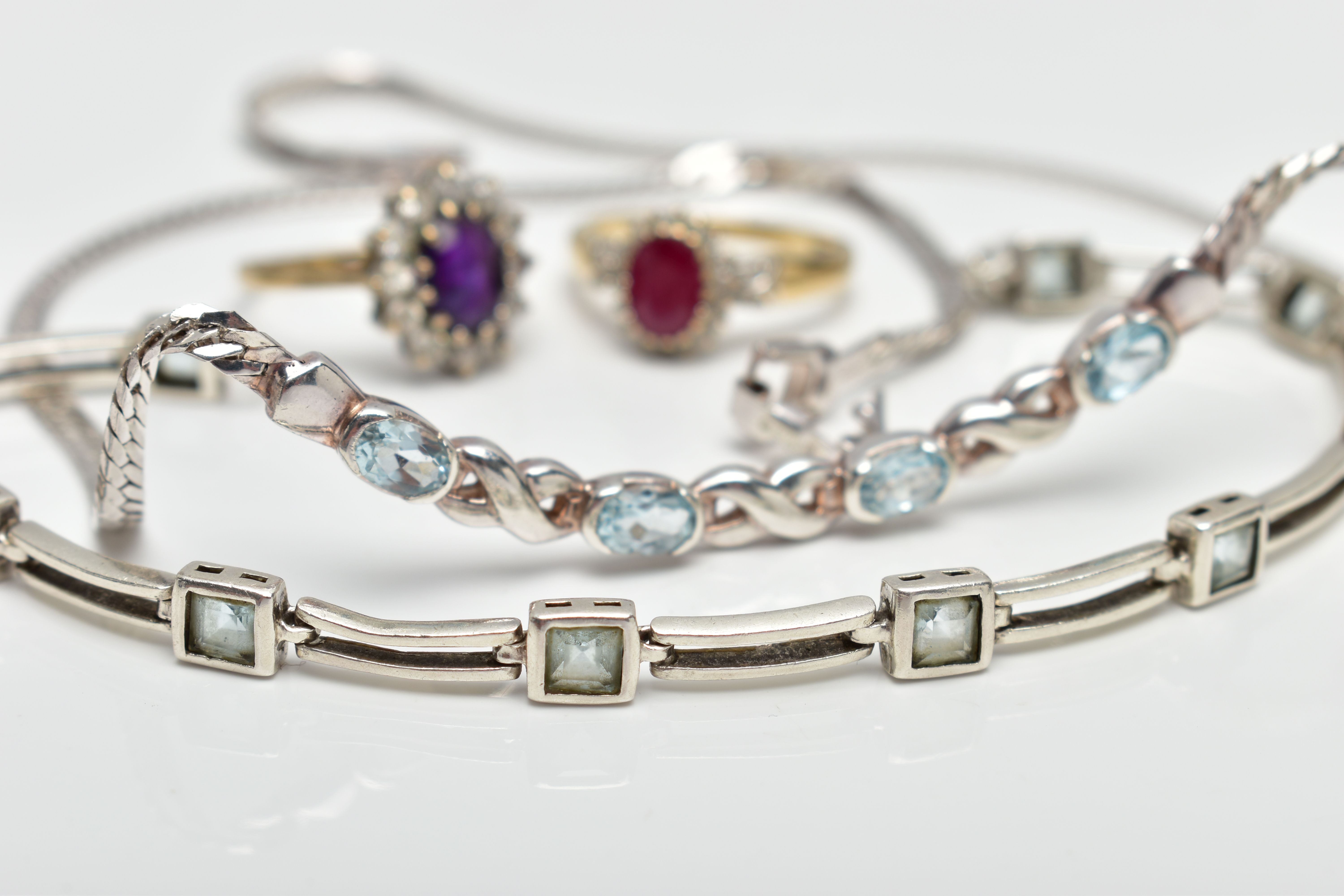 A SELECTION OF JEWELLERY, to include a 9ct gold glass filled ruby and diamond cluster ring, - Image 2 of 6