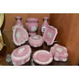 A COLLECTION OF NINE PIECES OF PINK WEDGWOOD JASPERWARE, comprising three covered trinket boxes,