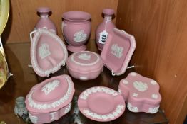 A COLLECTION OF NINE PIECES OF PINK WEDGWOOD JASPERWARE, comprising three covered trinket boxes,