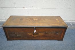 A 19TH CENTURY ROSEWOOD AND INLAID CASE FOR A CYLINDER MUSIC BOX, length 87cm x depth 34cm x