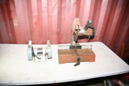 A VINTAGE CAST IRON METAL CUTTING CHOP SAW (no cable untested) and a Beva Bench Grinder (untested)