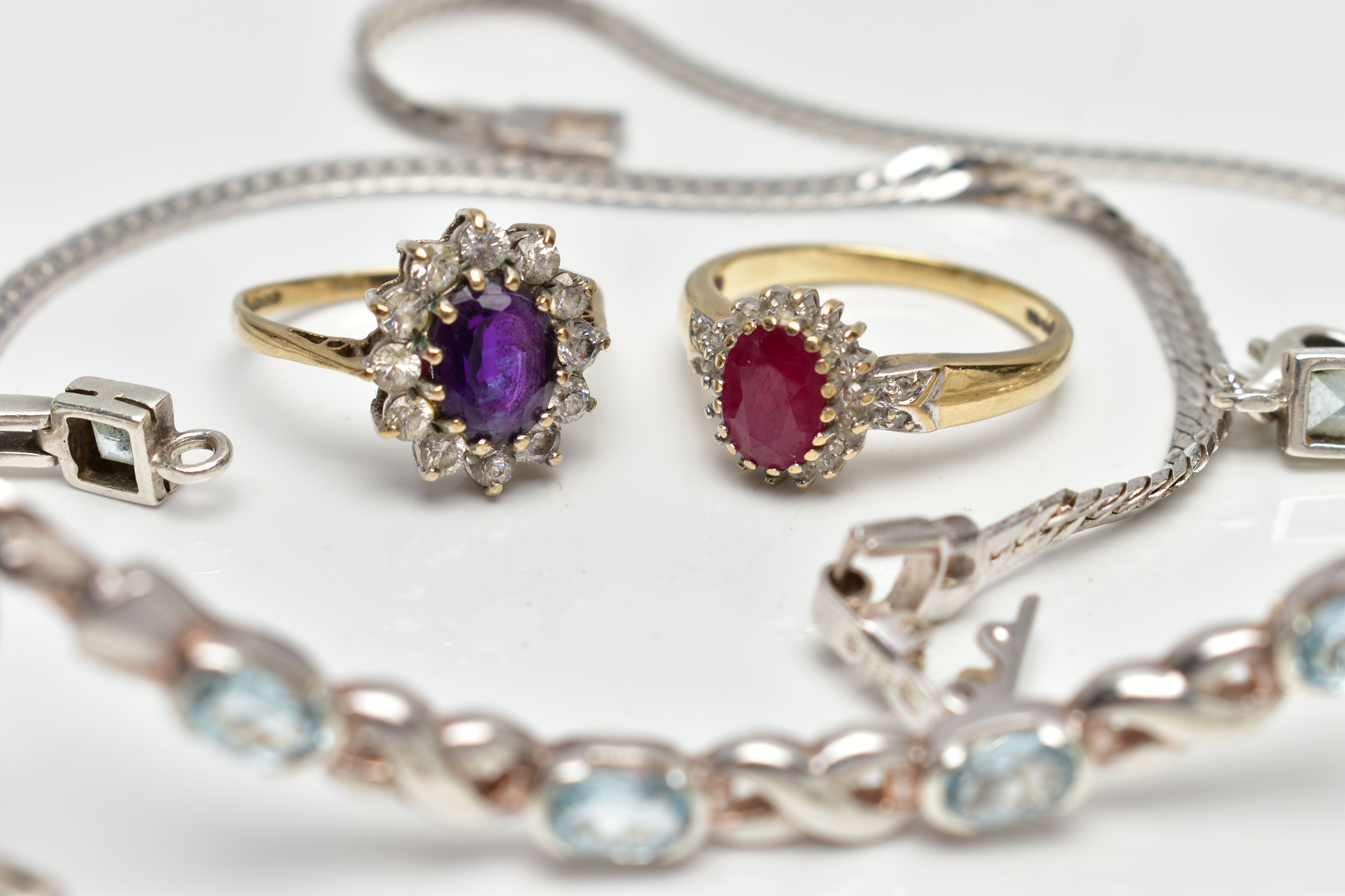 A SELECTION OF JEWELLERY, to include a 9ct gold glass filled ruby and diamond cluster ring, - Image 3 of 6