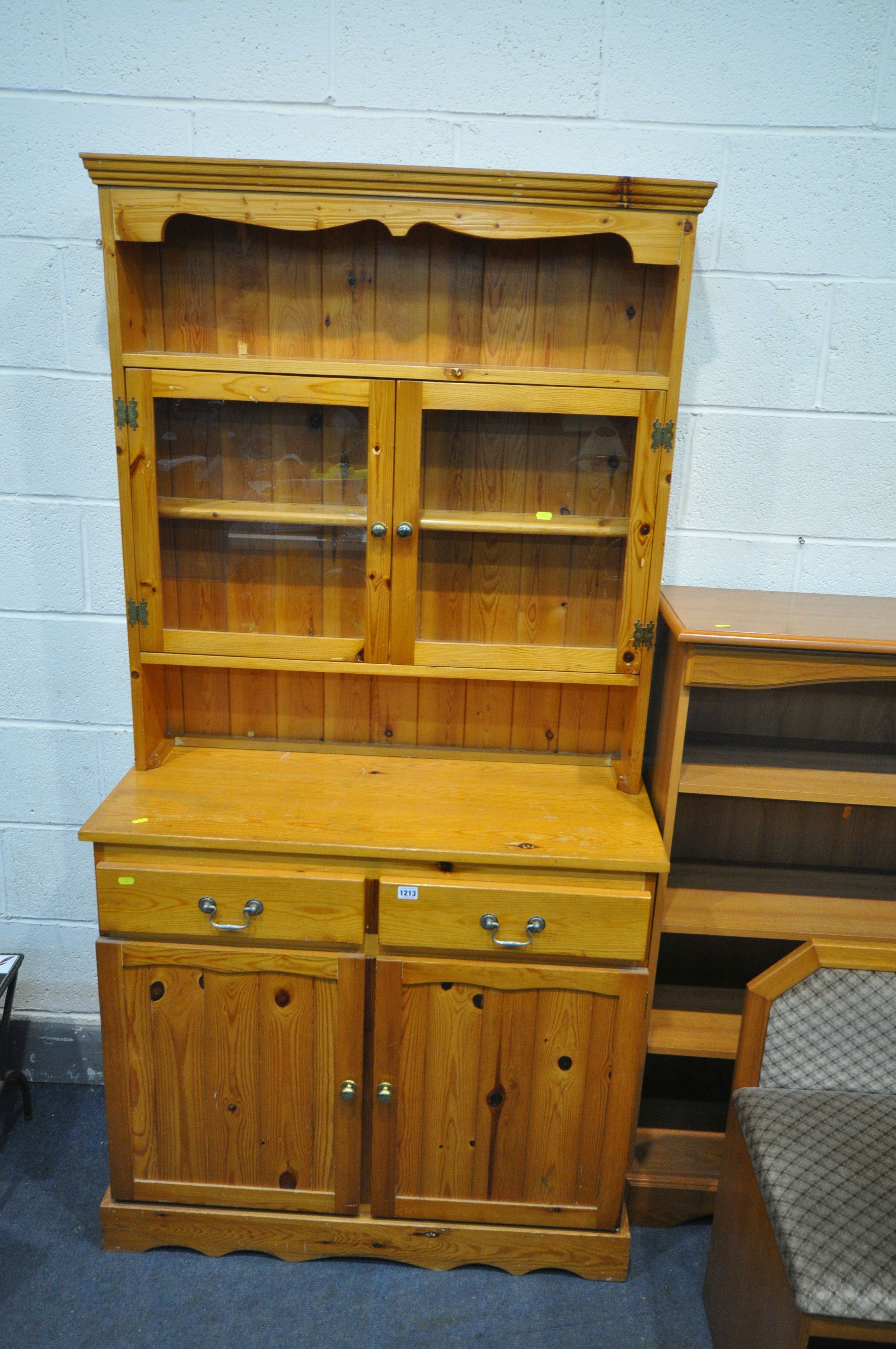 A PINE BOOKCASE, top with two glazed doors, base with two drawers over two doors, width 95cm x depth - Image 2 of 3