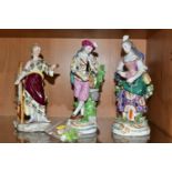 THREE 19TH CENTURY CONTINENTAL PORCELAIN FIGURES, comprising a near pair of male and female